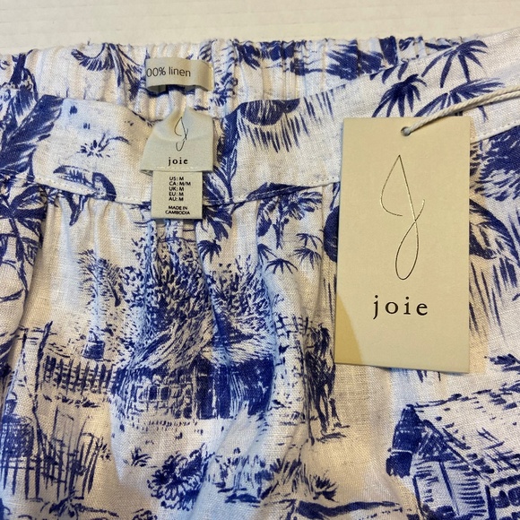 Joie Women Midi Skirt Blue White Floral 100% Linen Elastic Back Pull on Tropical - Picture 2 of 6